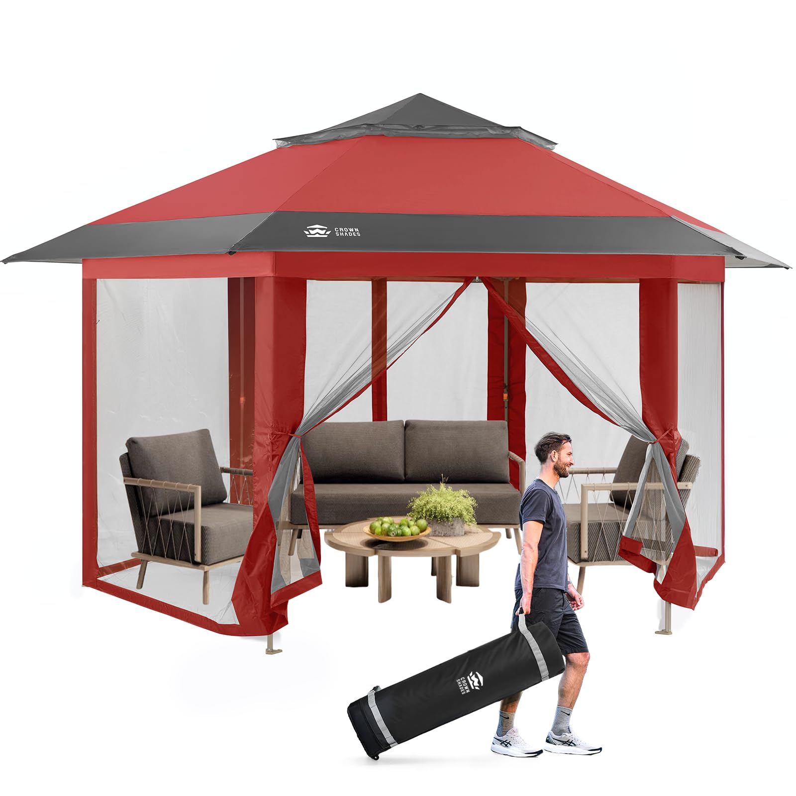 CROWN SHADES 12x12 Pop Up Gazebo with Mosquito Nettings, Patented Center Lock 6-Sided Portable Gazebo, 300D Silver-Coated Fabric UV Resistant, Pop Up
