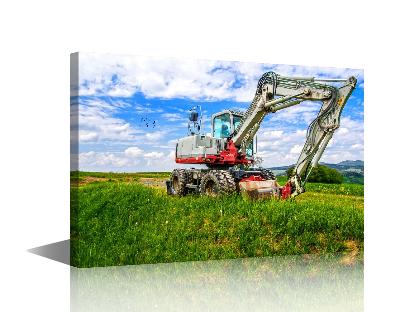 Excavation Vehicle Pictures Home Decor 1 Panels The Excavator Stops on the Grass in the Field Artwork Canvas Wall Art for Bedroom Living Room Office Stretched and Framed Ready to Hang 18x12 in