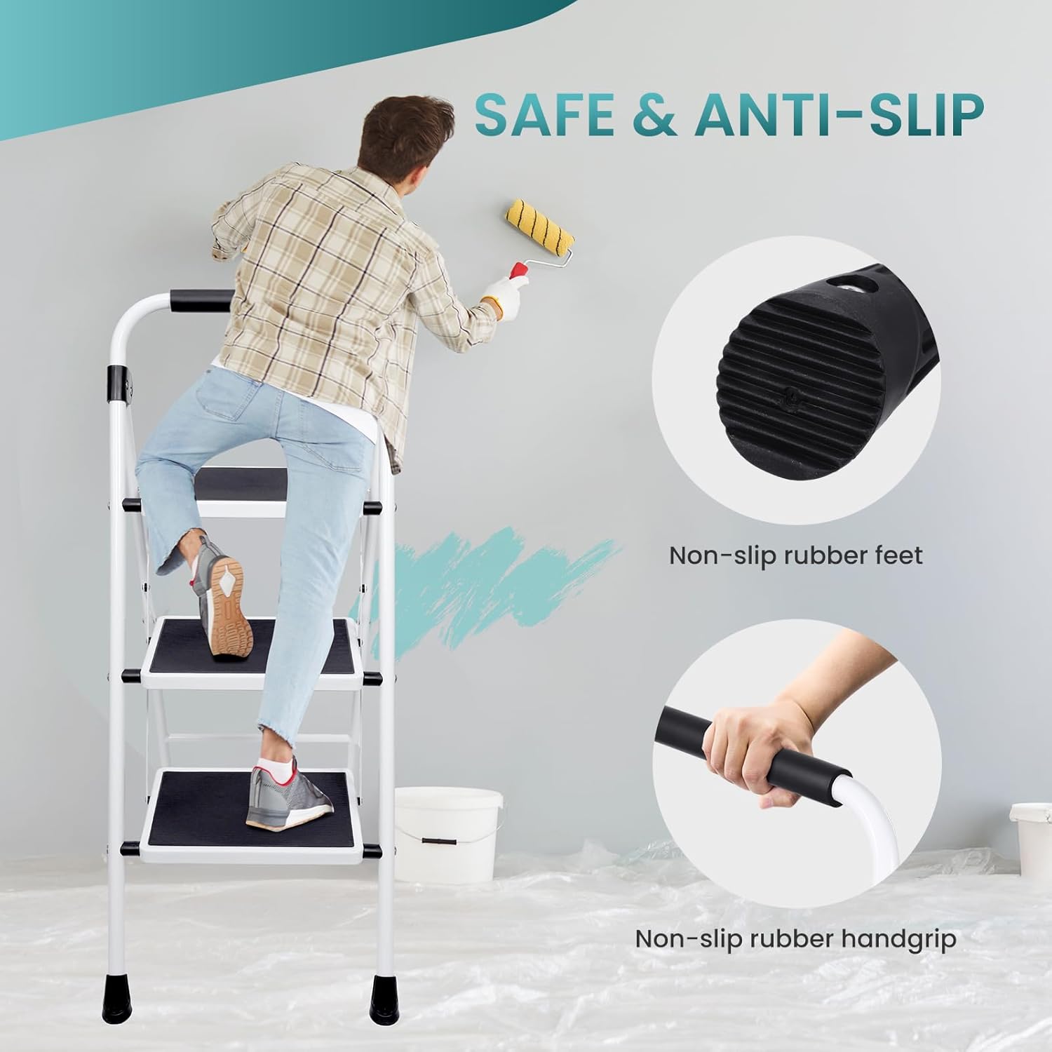Smug Step Ladder, 3 Sturdy Steel Ladder with Anti-Slip Pedal & Comfortable Handrail, 330lbs Capacity Sturdy Steel Ladder, Protable Heavy Duty Step Stool for Kitchen, Garage & Outdoor Use, Black