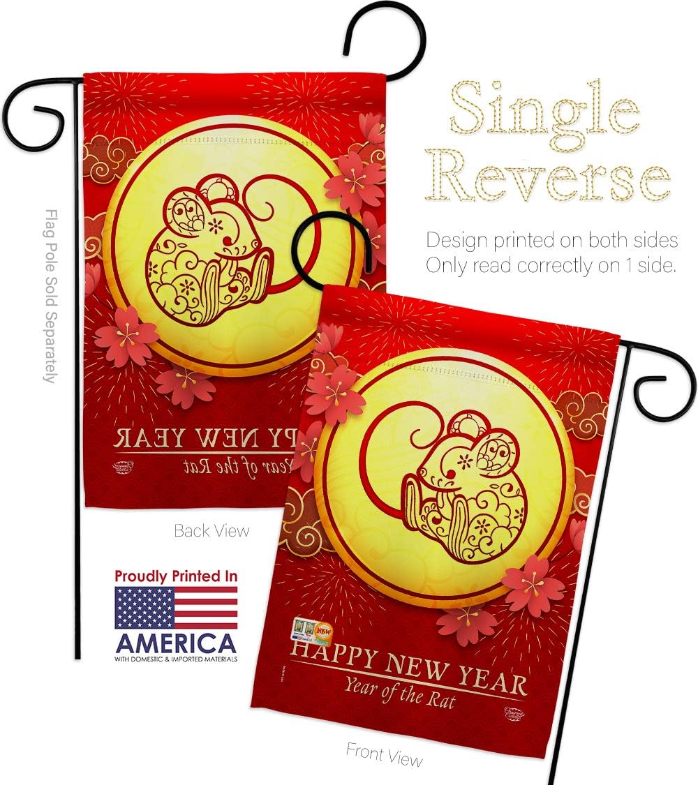 Rat of Year Garden Flag Set Wall Holder New Lunar Good Luck Prosperous Seasonal Arrival Blessing Small Decorative Gift Yard House Banner Made In USA 13 X 18.5
