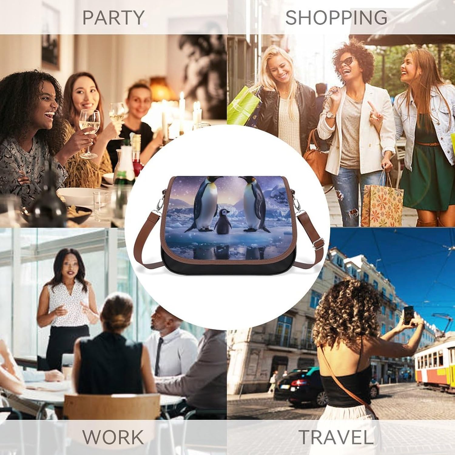 Cute Penguin Family Women's Crossbody Bags Leather Messenger Handbag Small Shoulder Bag Purse