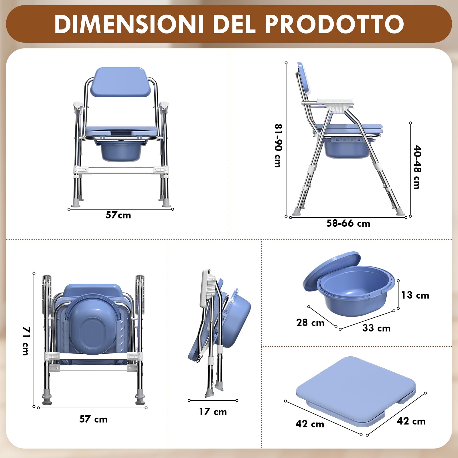Sedia WC 4 in 1 per anziani: schienale ergonomico girevole regolabile in altezza, sedia da doccia pieghevole con cuscino in EVA, telaio stabile in acciaio inox