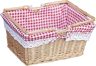 Cesta de la compra ligera, material de mimbre, diseño de doble asa, 27 x 18 x 14 cm (cesta de color natural + tela a cuadros rojos)