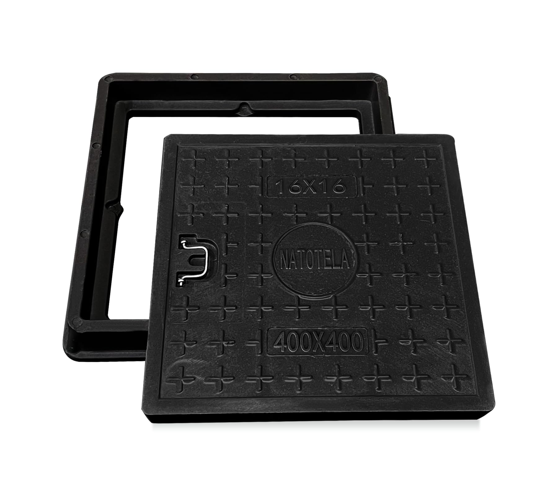 NATOTELA Manhole Cover and Frame Fiberglass,Cover Size 400x400mm/Overall size 465x465mm Square Drain Cover Access Inspection Reinforced Steel Embedded Sewer Cover with Handles Non-slip Solid Black