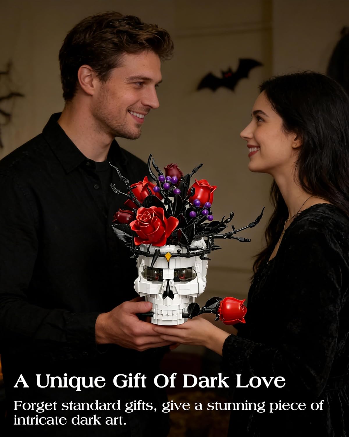 Gothic Skull Rose Building Set for Adults, Skull Home Decor for Table Shelf Centerpiece, Compatible with Lego Skull Flowers Horror Set, Halloween & Valentine's Day Gift for Teens Adult