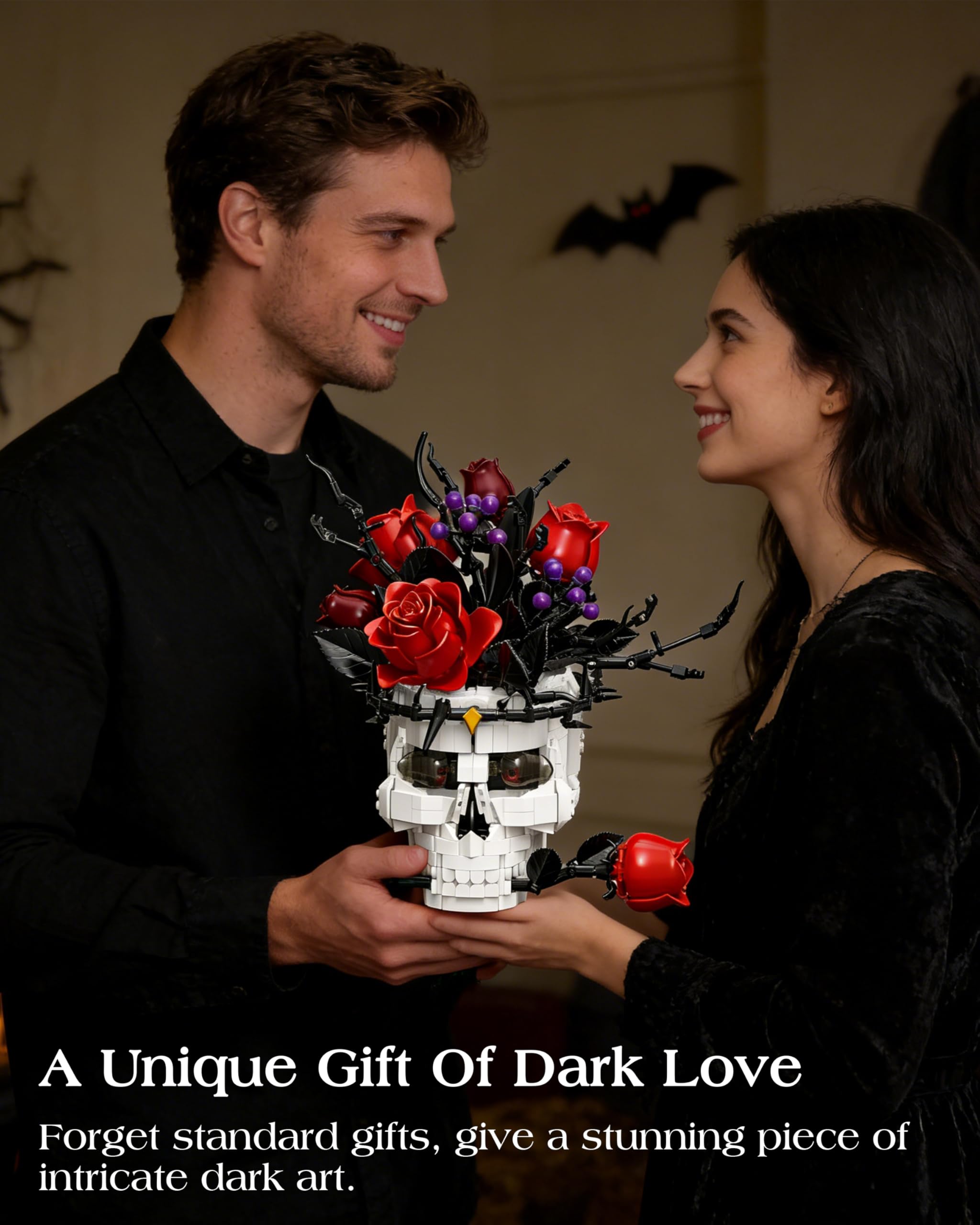 Gothic Totenkopf Bauset mit Rose im Mund, Ästhetische Totenkopf-Deko für Erwachsene, Tisch- & Regal-Centerpiece – Kompatibel mit Lego Blumen & Horror-Sets, Geschenk für Halloween & Valentinstag