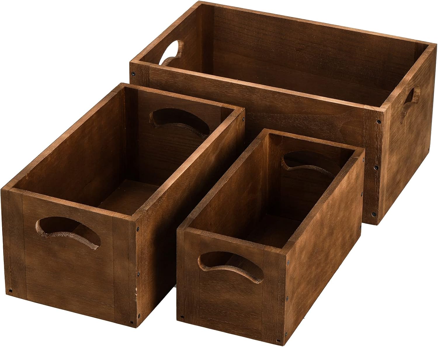 Hedume Set of 3 Nesting Wooden Crates, Wood Crate Box with Handle, Rustic Brown Decorative Wood Storage Crates Container, Stackable Cube Basket Bins Organizer for Home, Office, Closet, Shelf