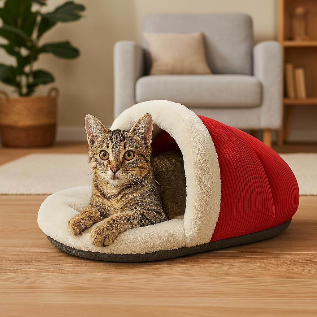 SWIFTSUPPLIES Cat Cornucopia Sleeper - Cozy Pet Bed with Plush Interior and Durable Design, Perfect for Cats and Small Pets, Red & Cream, Machine Washable