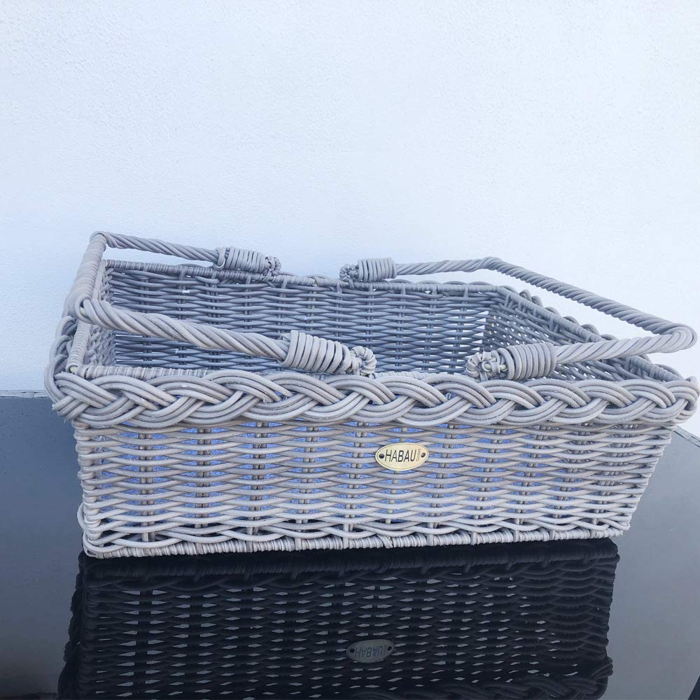 HABAU Picknickkorb Grau – Serviertablett & Tragekorb aus Kunststoff-Geflecht mit Metallrahmen – Stabiler Korb mit Griffen, Filzboden, 46 x 34 x 17 cm – Ideal für Picknick & Haushalt