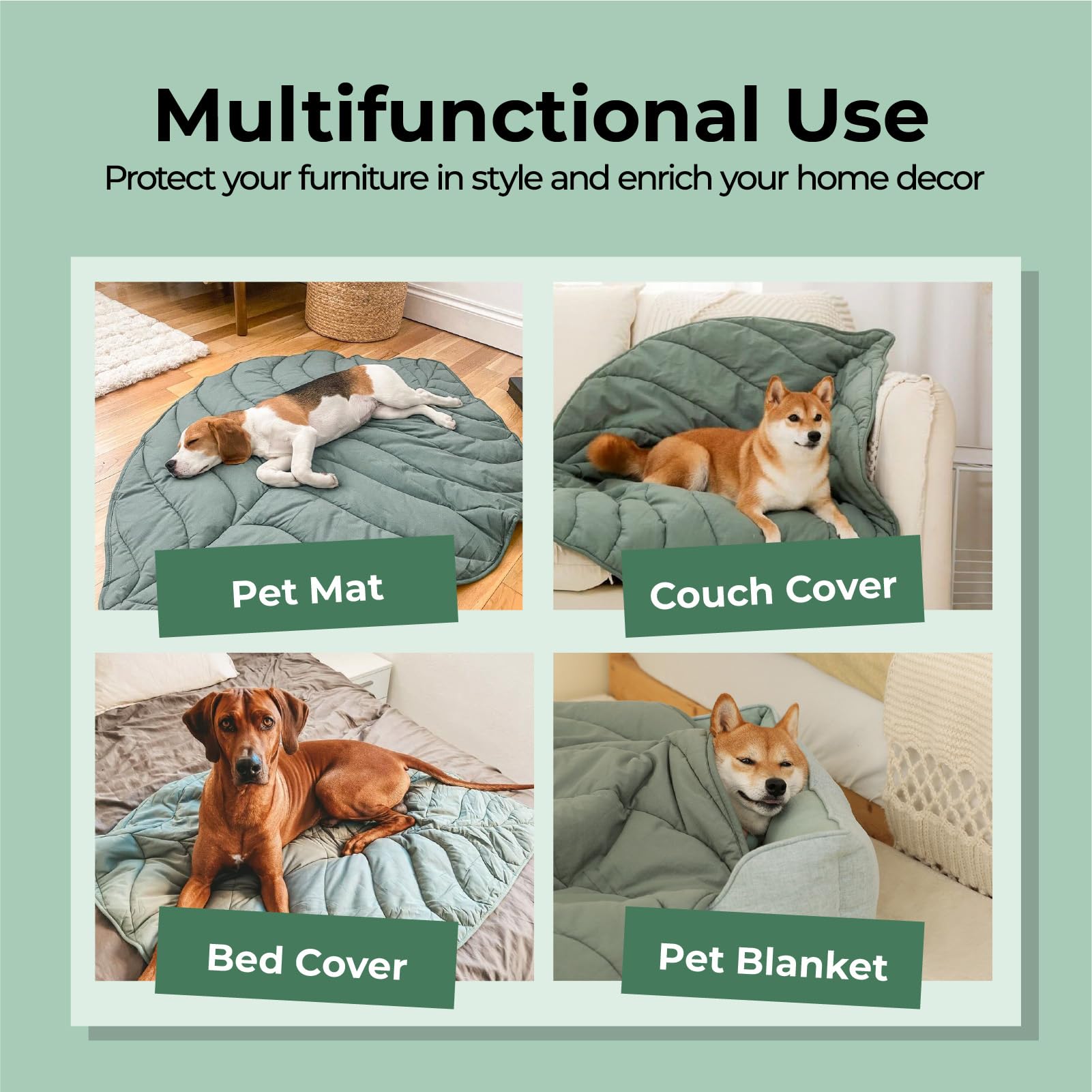 FUNNY FUZZY Coperta per cani e gatti, 106 x 142 cm, con motivo a foglie, lavabile in lavatrice, su entrambi i lati, per letto, divano, pavimenti, mobili, colore: verde olmo