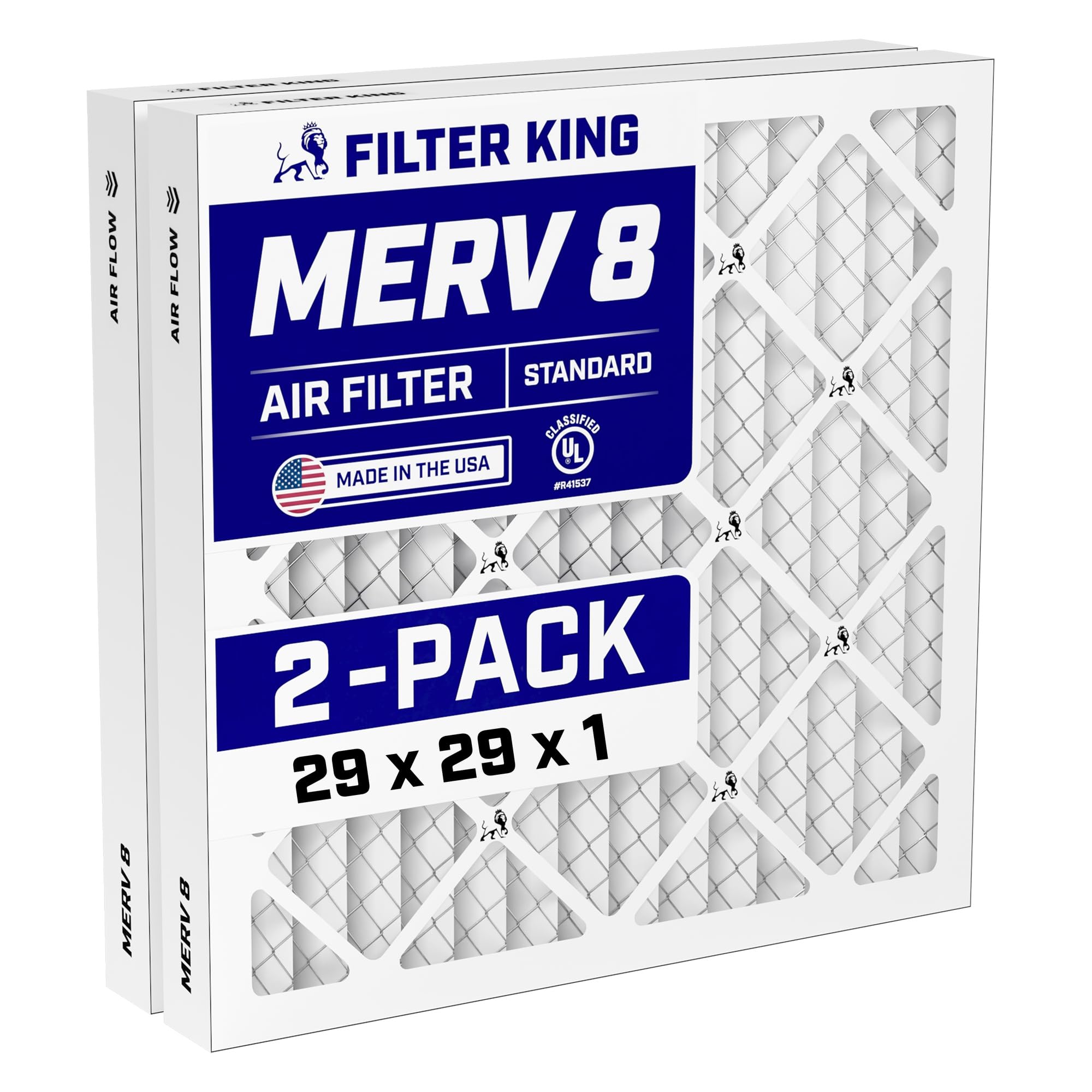 Filter King 29x29x1 Air Filter (MERV 8) (2-Pack) Dust & Allergy Control AC Furnace Filters, MADE IN USA, HVAC, Pleated, Electrostatic (Actual Size: