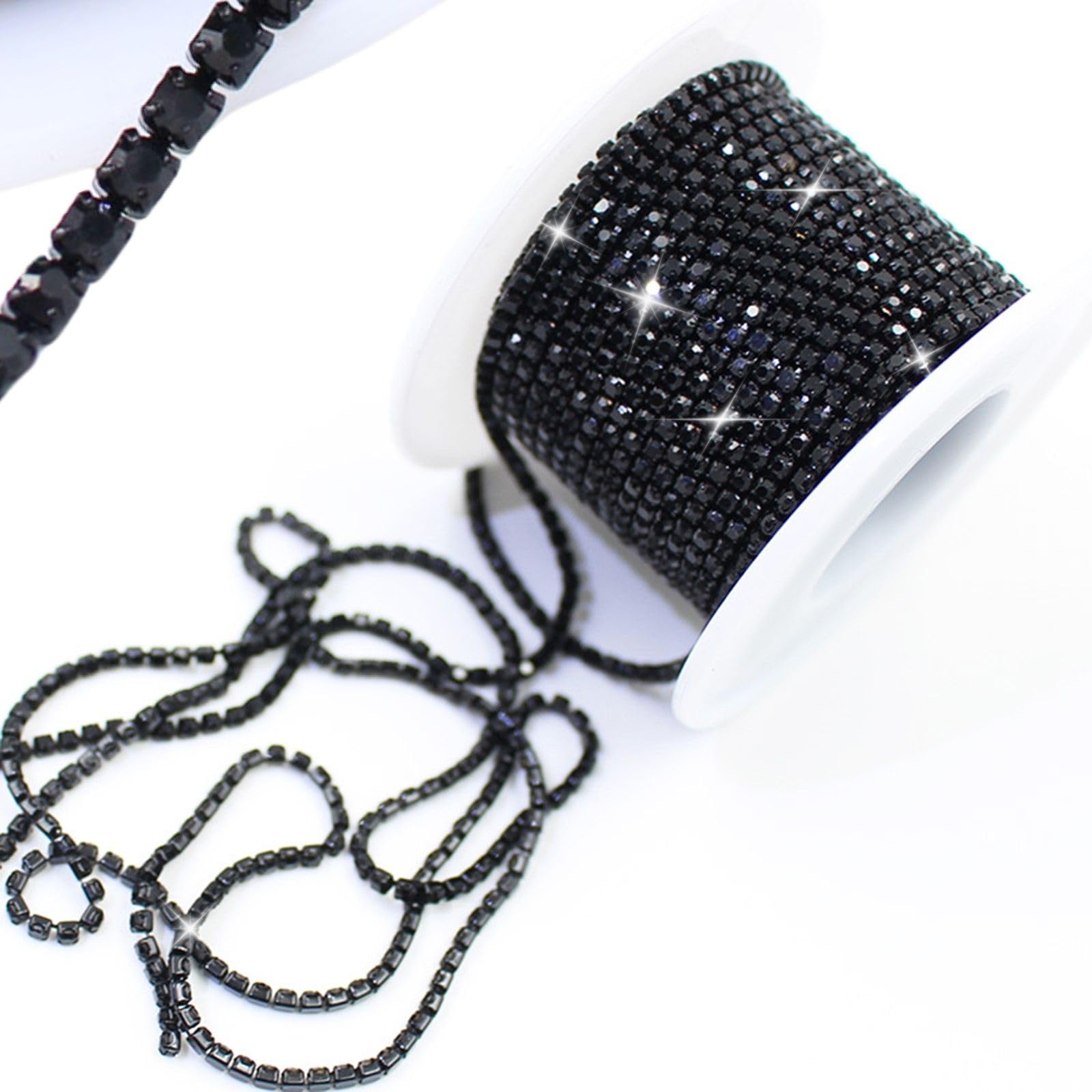 10 Yard Rhinestone Trim Chain, Black SS6 Crystal Beads String Diamante Ribbon Bling Strips Sewing Fringe Tassel Sewing for DIY Party Wedding Bouquet Dress Decoration Bridal Costume Embellishment — image 1