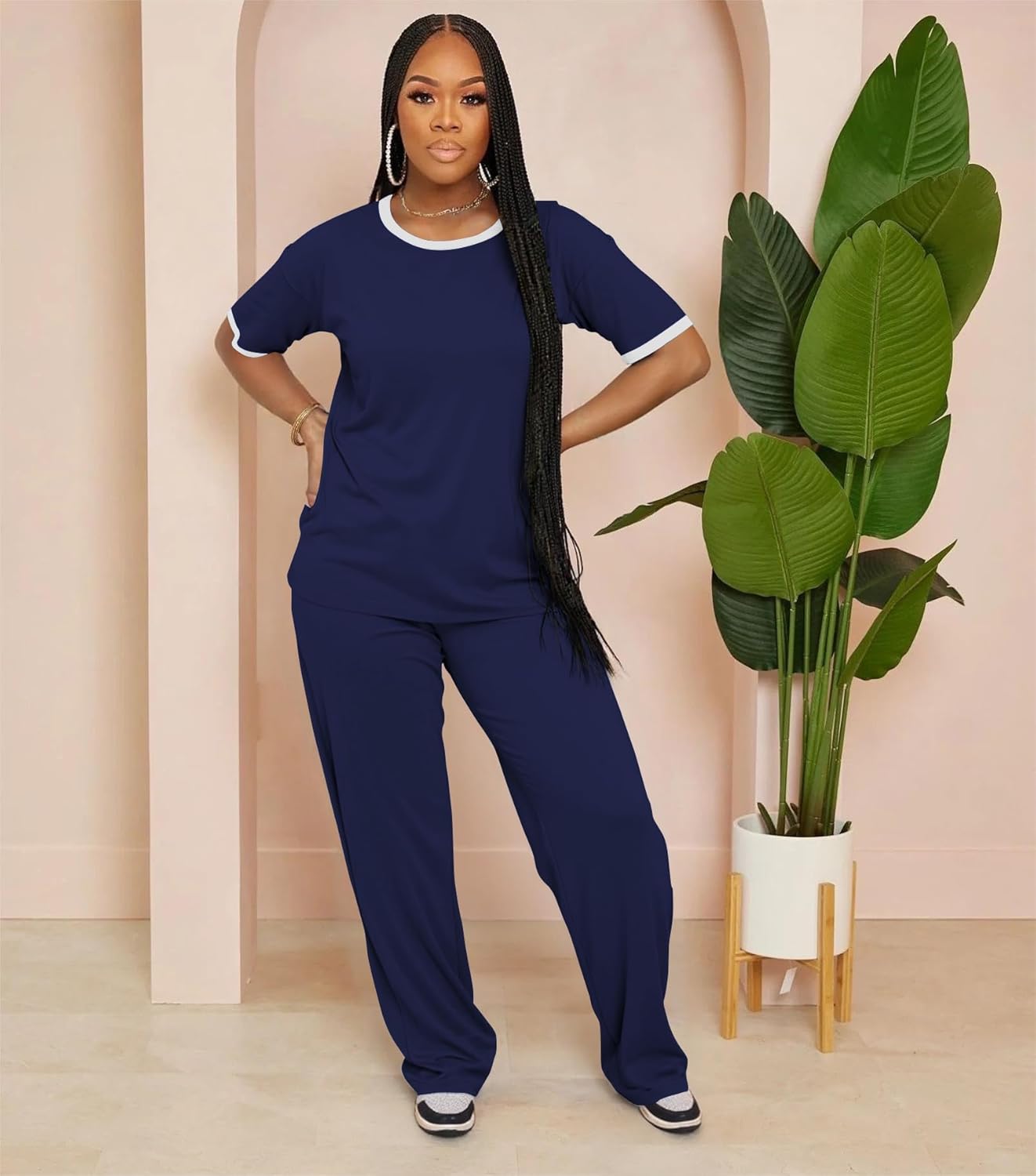 HBQ Women's 2 Piece Outfits Loose Fit Tops Wide Leg Pants Short Sleeve Lounge Matching Sets Sweatsuits - Image 2