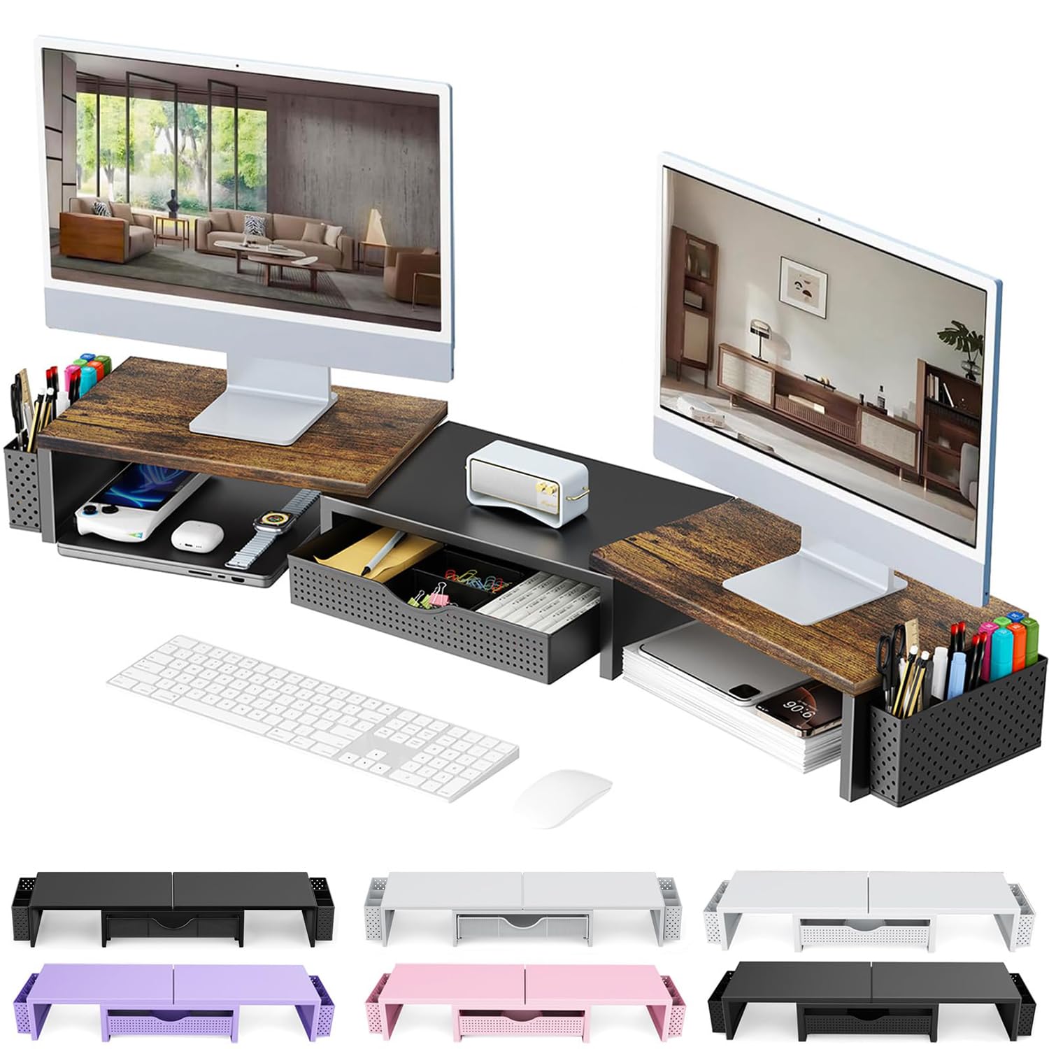 Dual Monitor Stand Riser, Metal Desk Accessories with Drawer and 2 Pen Holder, Adjustable Length and Angle - Computer Monitor Stand for Screen, Computer, Printer (Black) — view 10