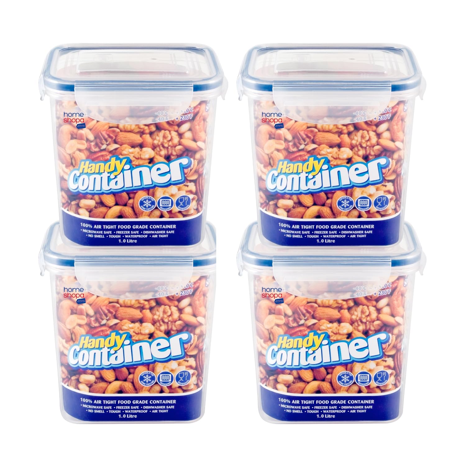 Homeshopa.com Transparent Homeshopa Rectangular Airtight Food Storage Plastic Container, 4 Pack 1 Litre Kitchen & Pantry Organisation Canisters, Leakproof Stackable Reusable, Microwave, Dishwasher & Freezer Safe