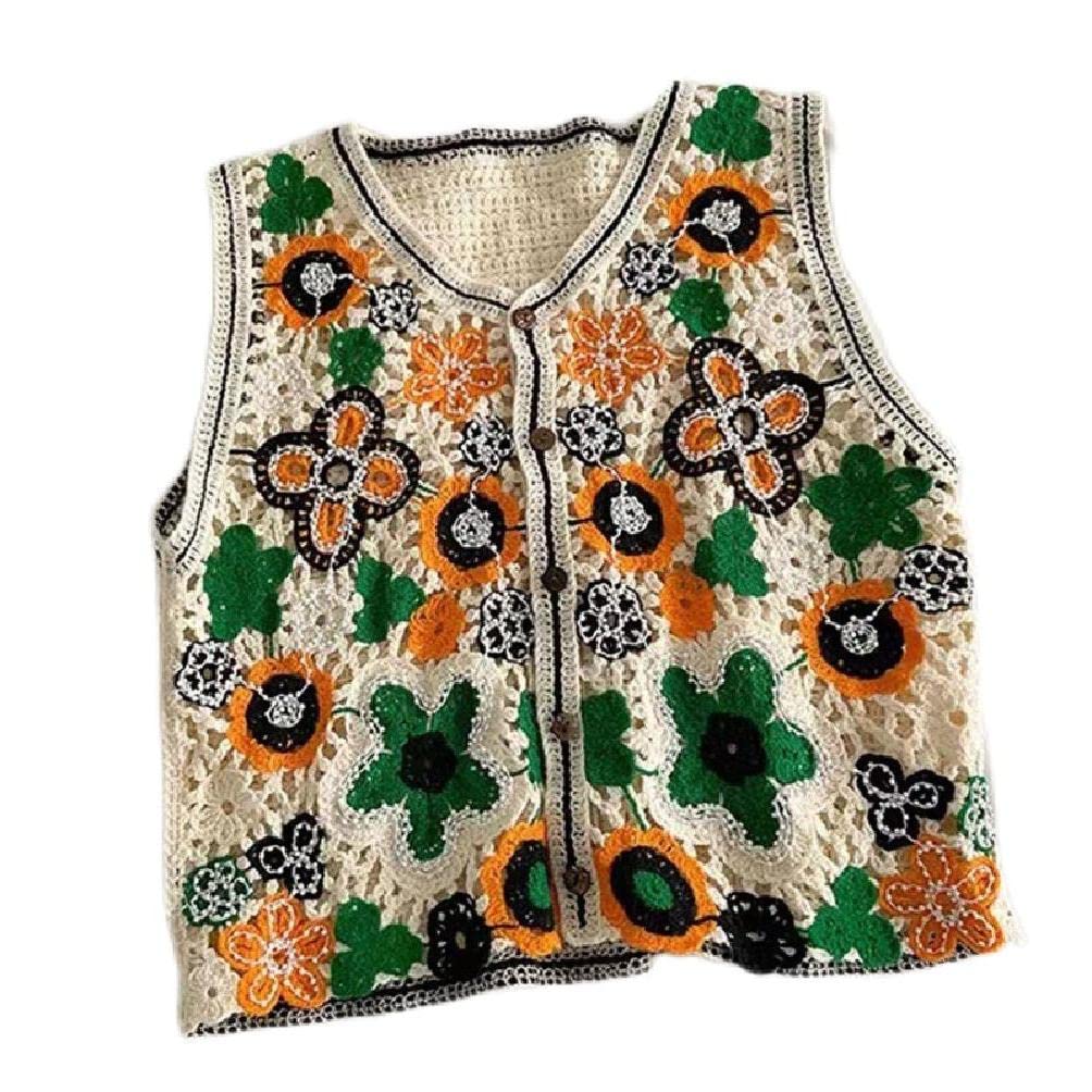 Myazs Women's Green Vintage Hollow Crochet Knit Vest Waistcoat Ethnic Beaded Embroidery Colorful Floral Sleeveless Crop Cardigan For Jacket V-Neck Button Shirts Top Beachwear Sleeveless Cardigans For Plaid