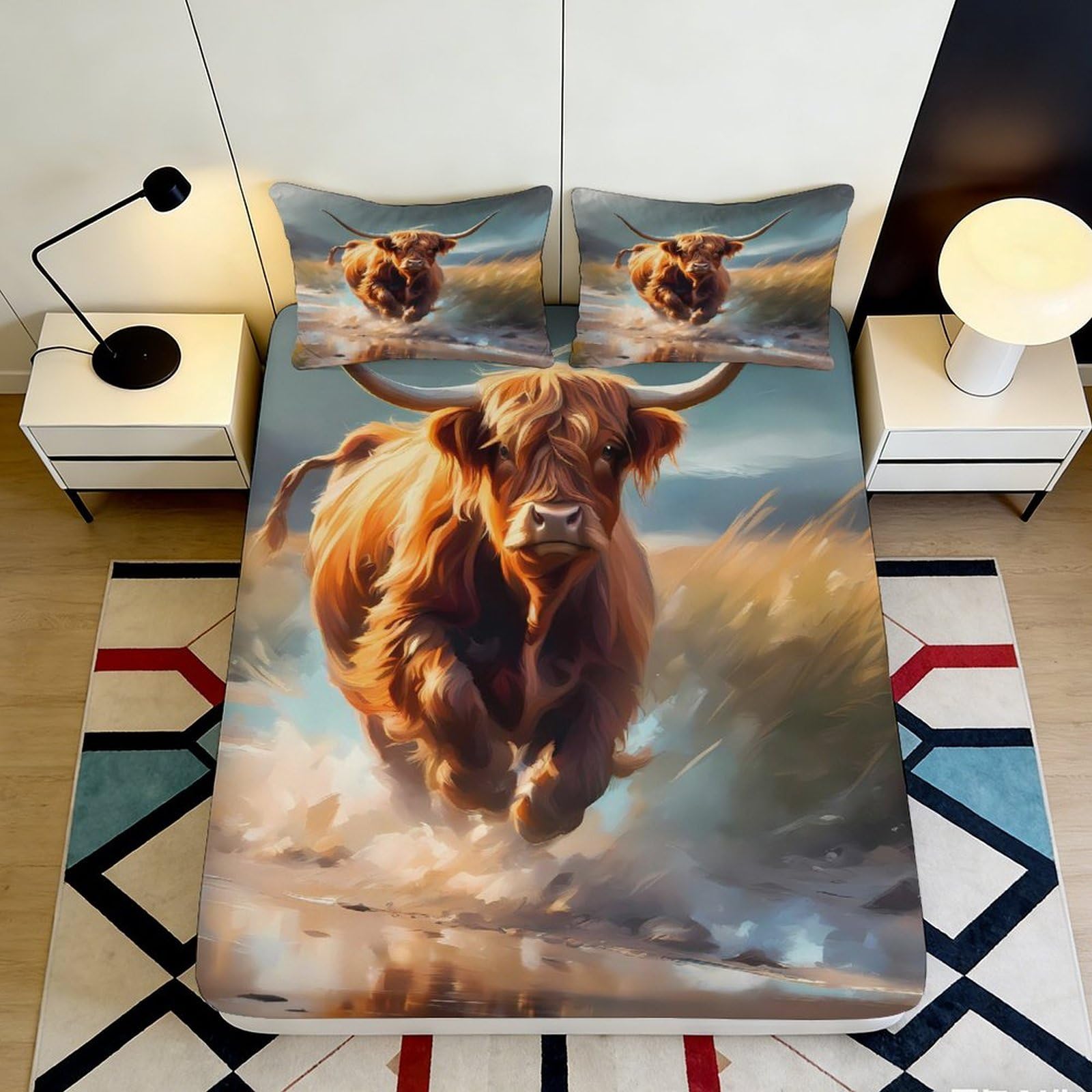 Jqzkxnhpbr Style-6 3D Printed Highland Cow Fitted Sheet Microfiber Soft Breathable Wild Bull Mattress Cover For Bedroom Dorm Decor 90X200x25cm