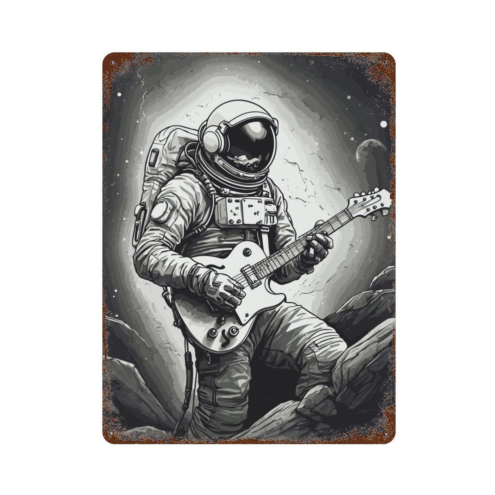 Astronaut Space Guitarist Decorative Tin Sign 15.7"x11.8", Retro Wall Decor for Living Room, Hallway And Home Decor