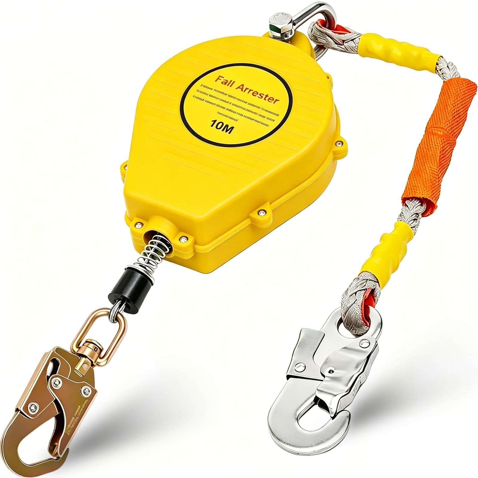 Dispositivo Anticaidas Retráctil Seguridad 10m, Línea de Vida Autorretráctil con Gancho Giratorio de 360°, Arnés Seguridad Más Anticaida para Tejados Capacidad de Carga de 150 kg (Amarillo)