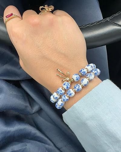 Miniatura 5 de Pulsera con dije de lazo y cuentas para mujer, estilo vintage con flores, hecha a mano, elástica y delicada, ideal como regalo romántico de joyería