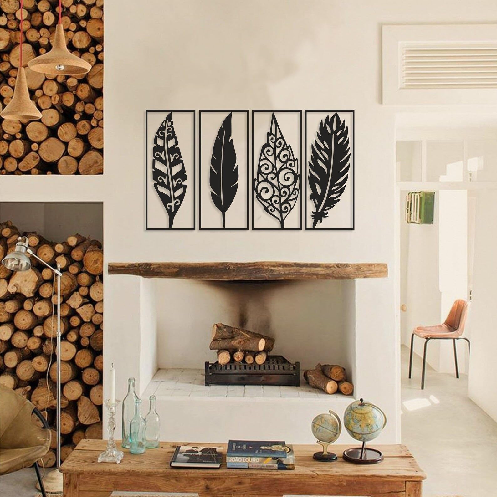 SHIVASHRAY CRAFTS Feathers Wall Decor, Feather Wall Art, Wood Wall Art, Living Room Wall Decor, Set Of 4 Pieces, 12 Inches. 4