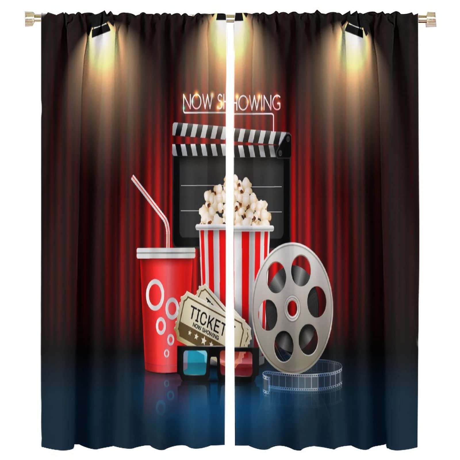 BenYaSong Vintage Cinema Movie Theater Blackout Window Curtain Carpet Home Theater Decor for Living Room Bedroom Window Drapes Window Curtain 2 Panels 55x63in