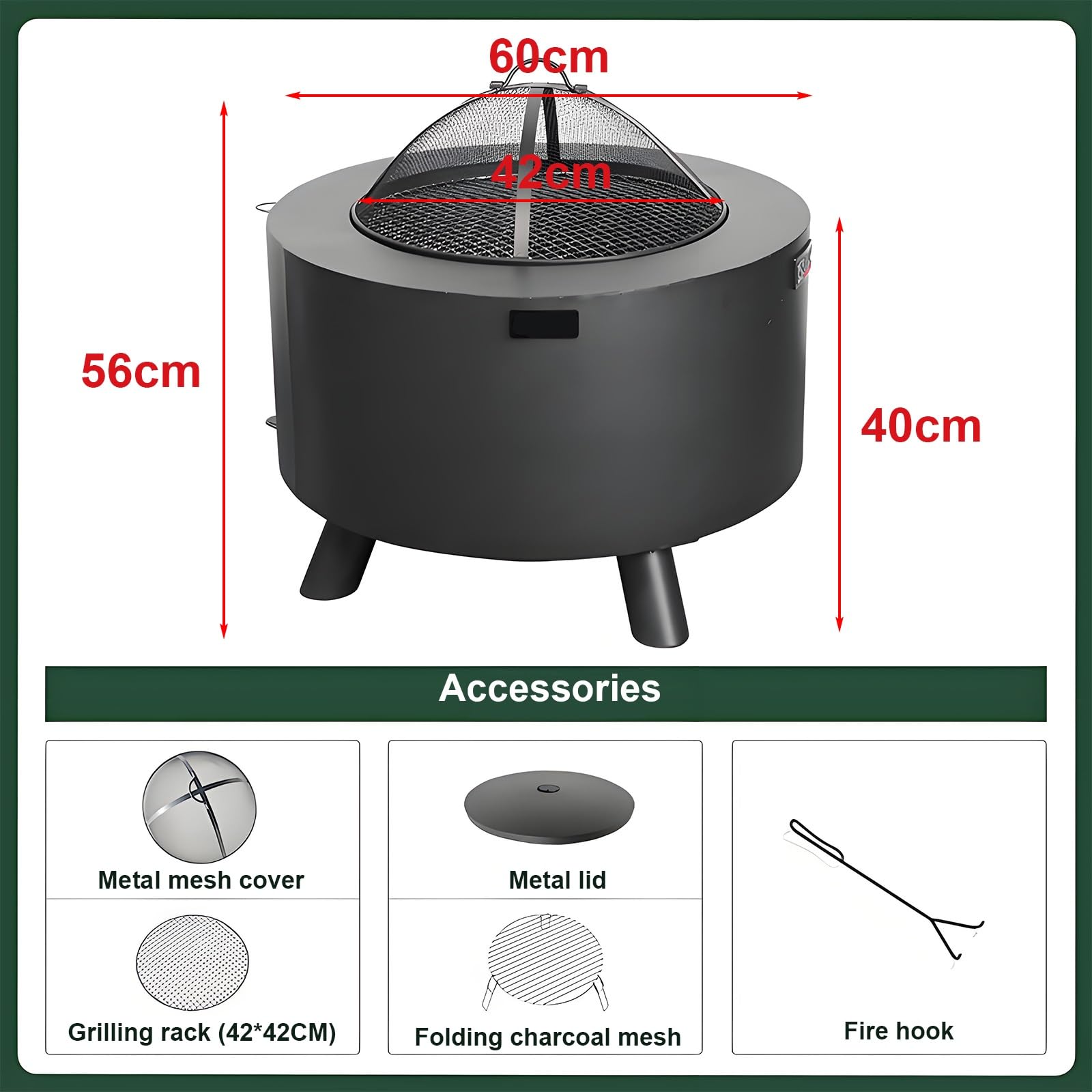 Stufa a Legna da Campeggio 60cm In Acciaio Al Carboniobraciere Portatile con Riscaldamento a 360°, Griglia e Piano Tavolo per Esterni e Giardino