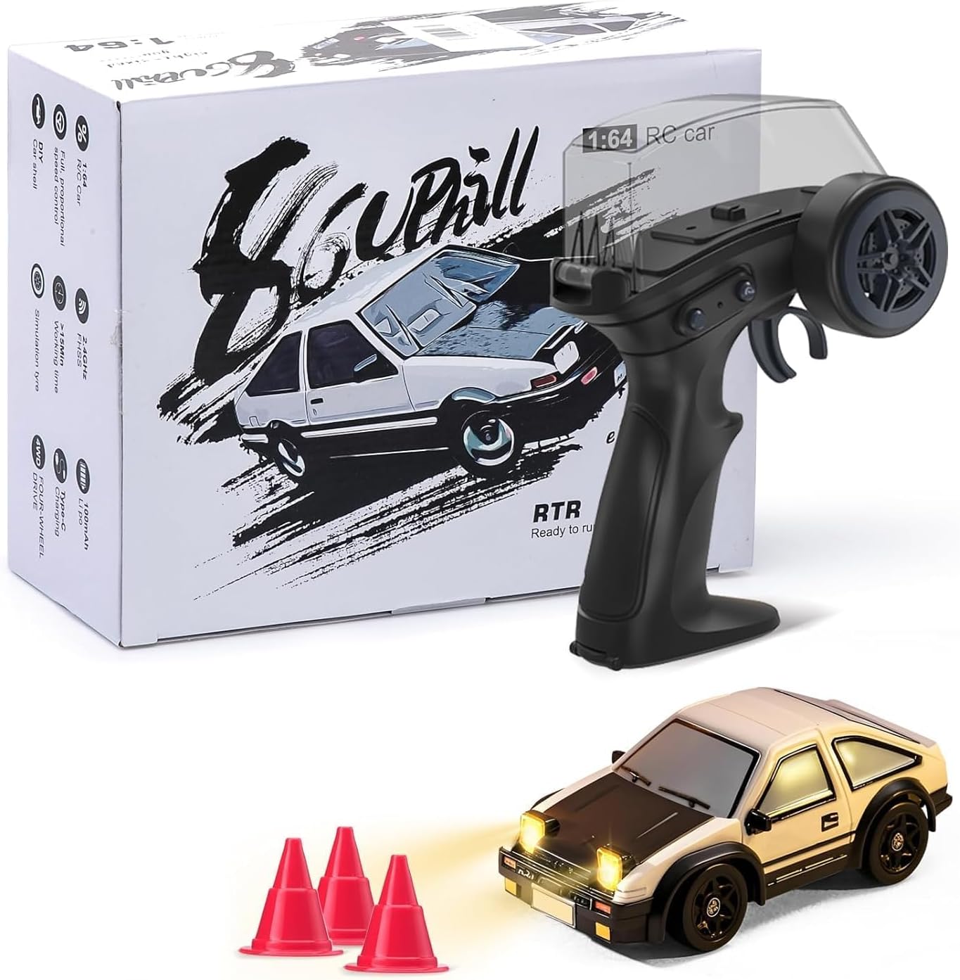Mini RC Drift Car for Adults, 1/64 Rc Small RC Car Desktop Remote Control Cars with LED Lights, 4 * 4 Desk Drifting Crawler for Race, Hobby Gifts and Toys(White Drift CAR)