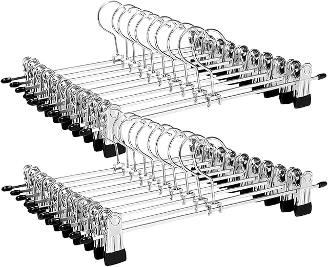 SONGMICS Metal Trousers Hangers, Pack of 20, Non-Slip Skirt Hangers with Clips for Pants Socks, 31 cm Long, Heavy-Duty, Chrome-Plated, Silver and Black CRI003-20