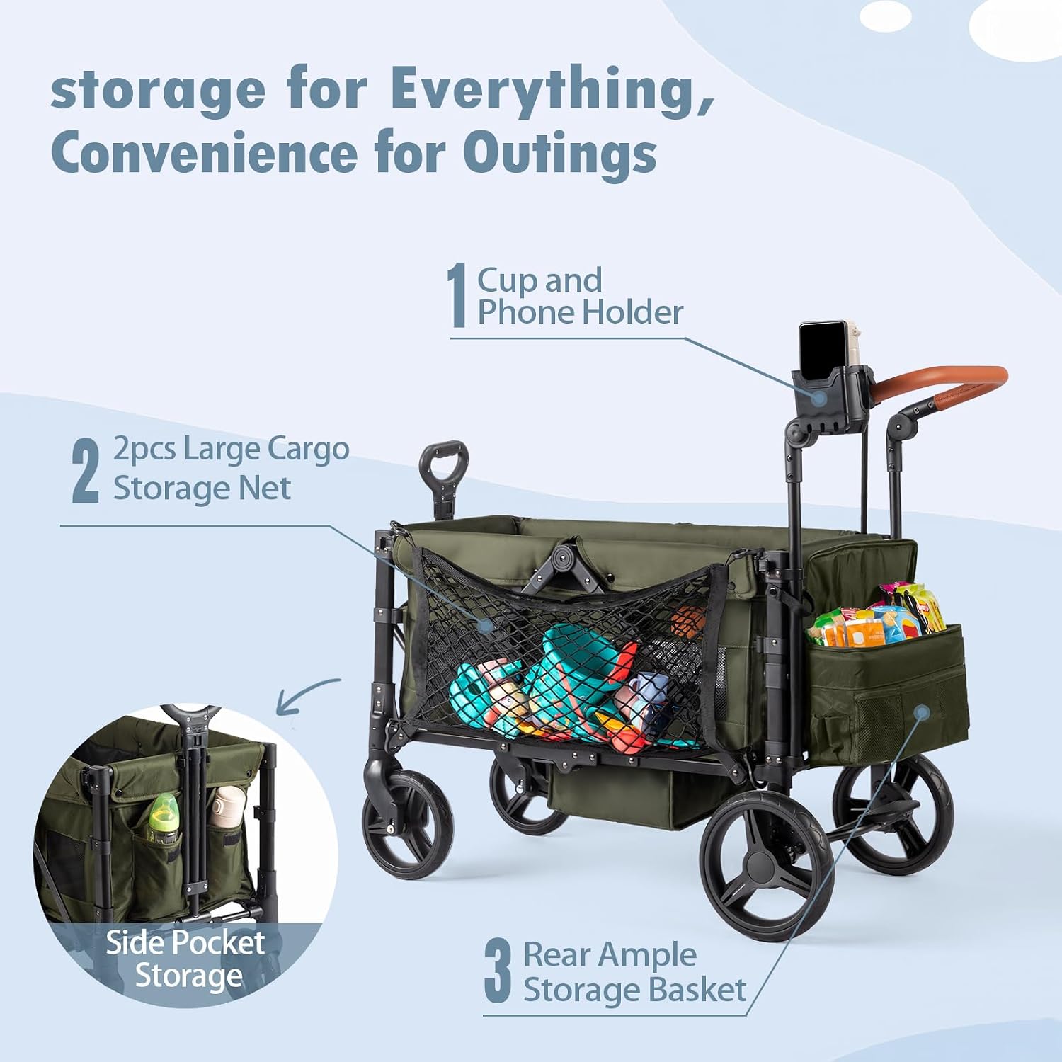 Stroller Wagon for 2 Kids with Footwell, Foldable All-Terrain Wagon Stroller with Adjustable Push/Pull Handle, Canopy, Parent Organizer, 5-Point Harness, Ideal for Travel & Outdoor Adventures (Green)