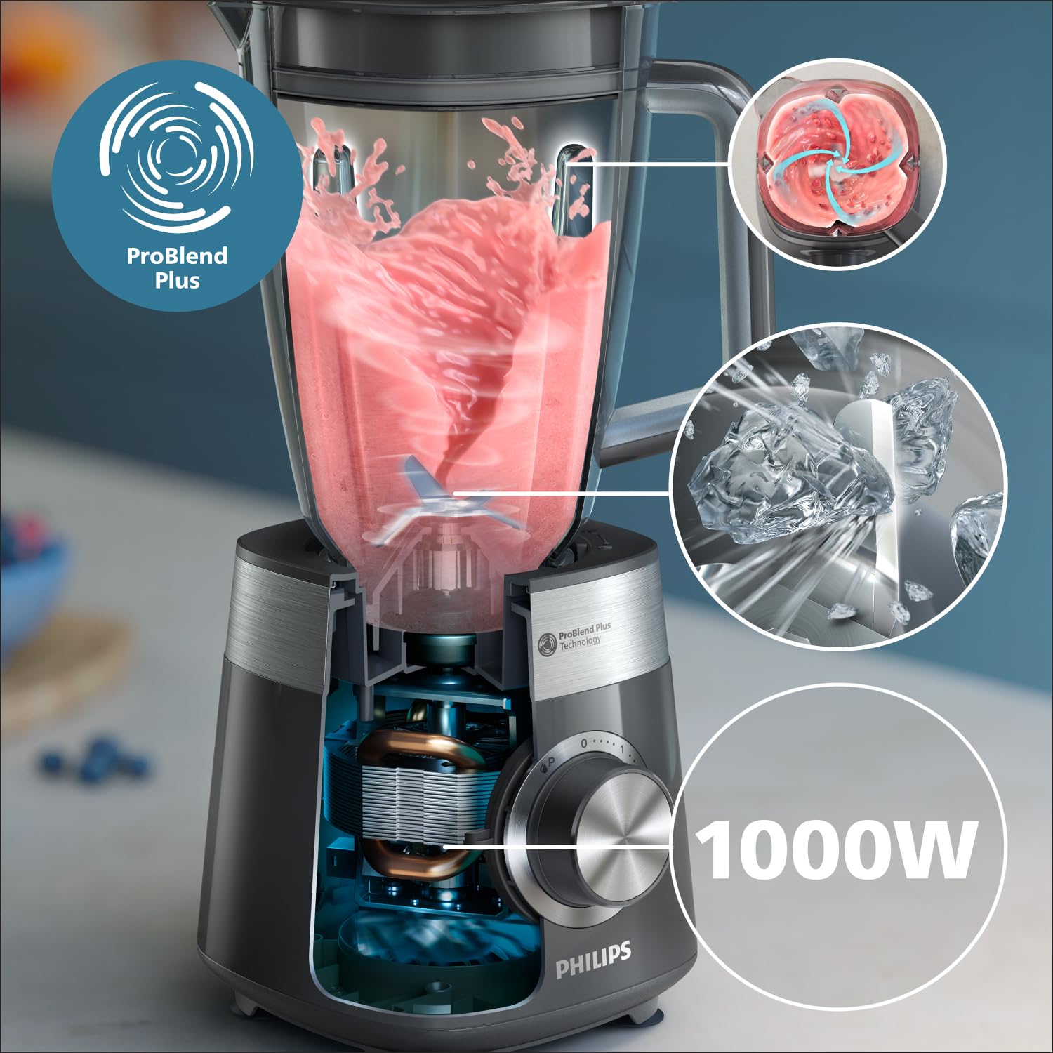 Philips Serii 5000 Blender, Silnik ProBlend Plus o Mocy 1000 W, 3 Prędkości, Pojemność 2 Litry, Odłączane Ostrza, Łatwe Czyszczenie, Aplikacja HomeID, Cashmere Grey (HR3020/20)
