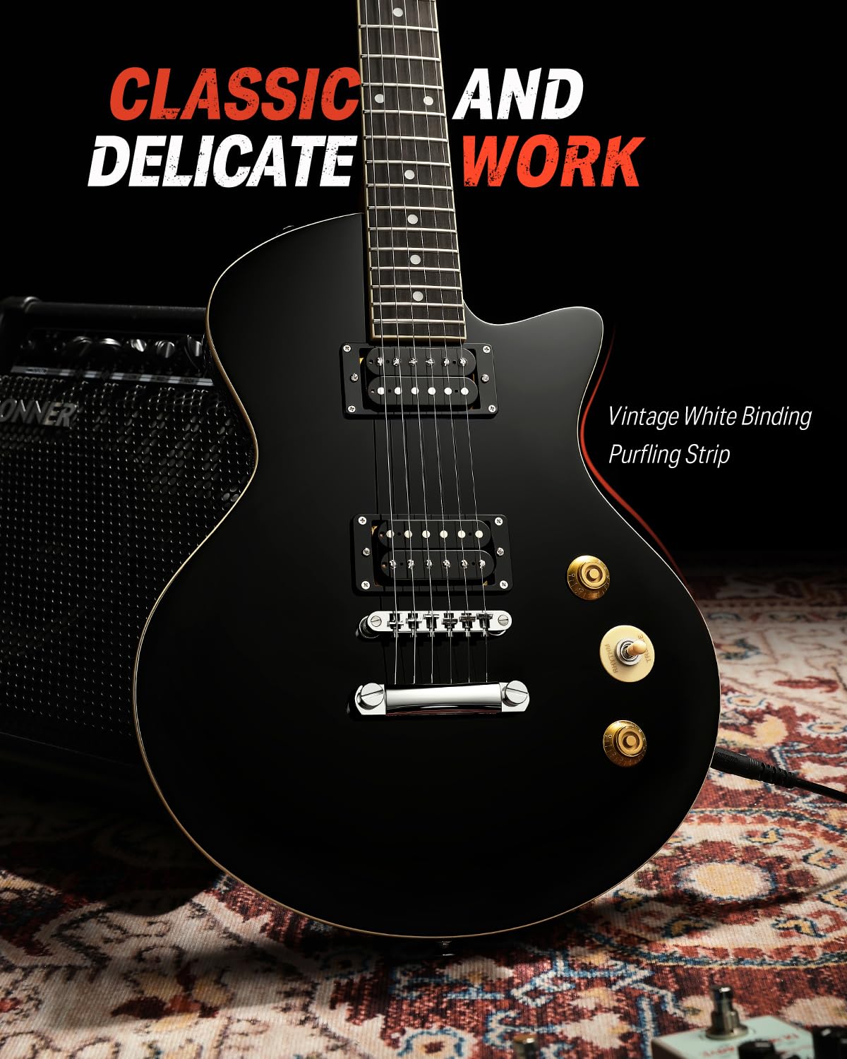 Donner DSC-128 E-Gitarren-Anfängerset 39" Schwarz – Volle Größe, massiver Erlenkorpus, H-H-Tonabnehmer, C-förmiger Hals, inkl. Gigbag, ideal für High-Gain Rock