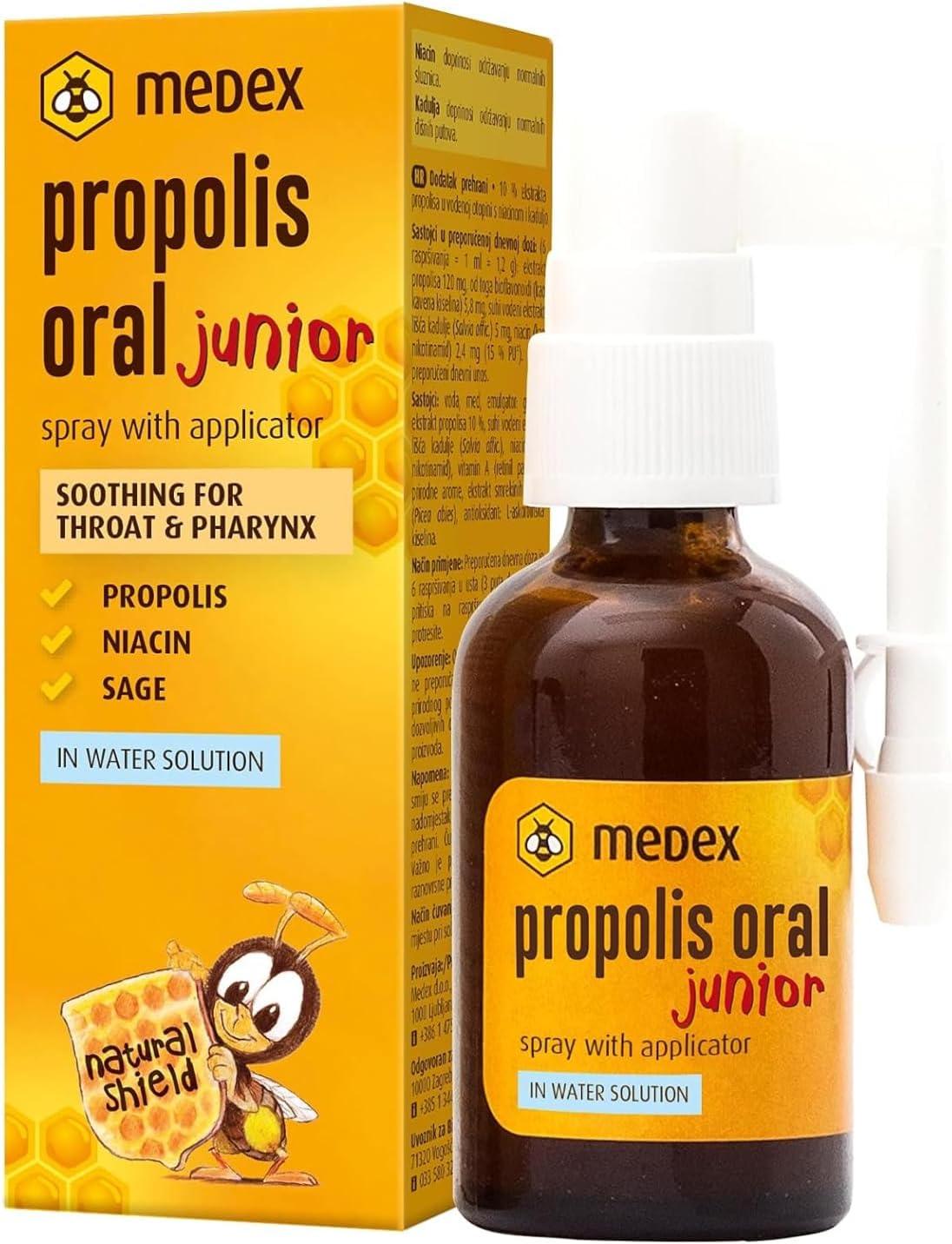 Medex Propolis Oral Junior, Mouth and Throat Spray, Water Based, Alcohol Free; Added Honey, Sage, Niacin, Spruce Tips, with Applicator, Children 3+, 30 ml