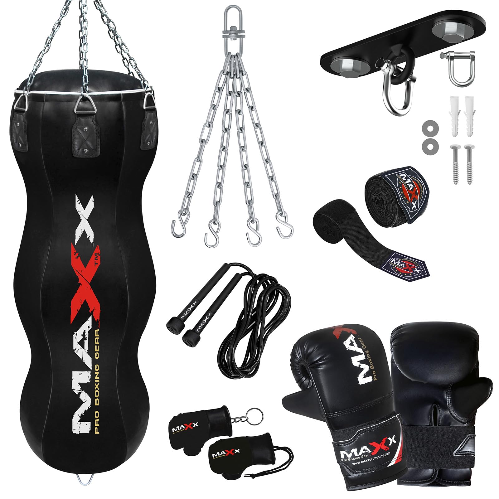 All Black range of Heavy Filled Hanging Boxing Punch Bag, Punchbag Set 5ft, 4ft, 3ft Includes FREE CHAIN (BAG +10PCS SET WTH HOOK, Triple Bag)