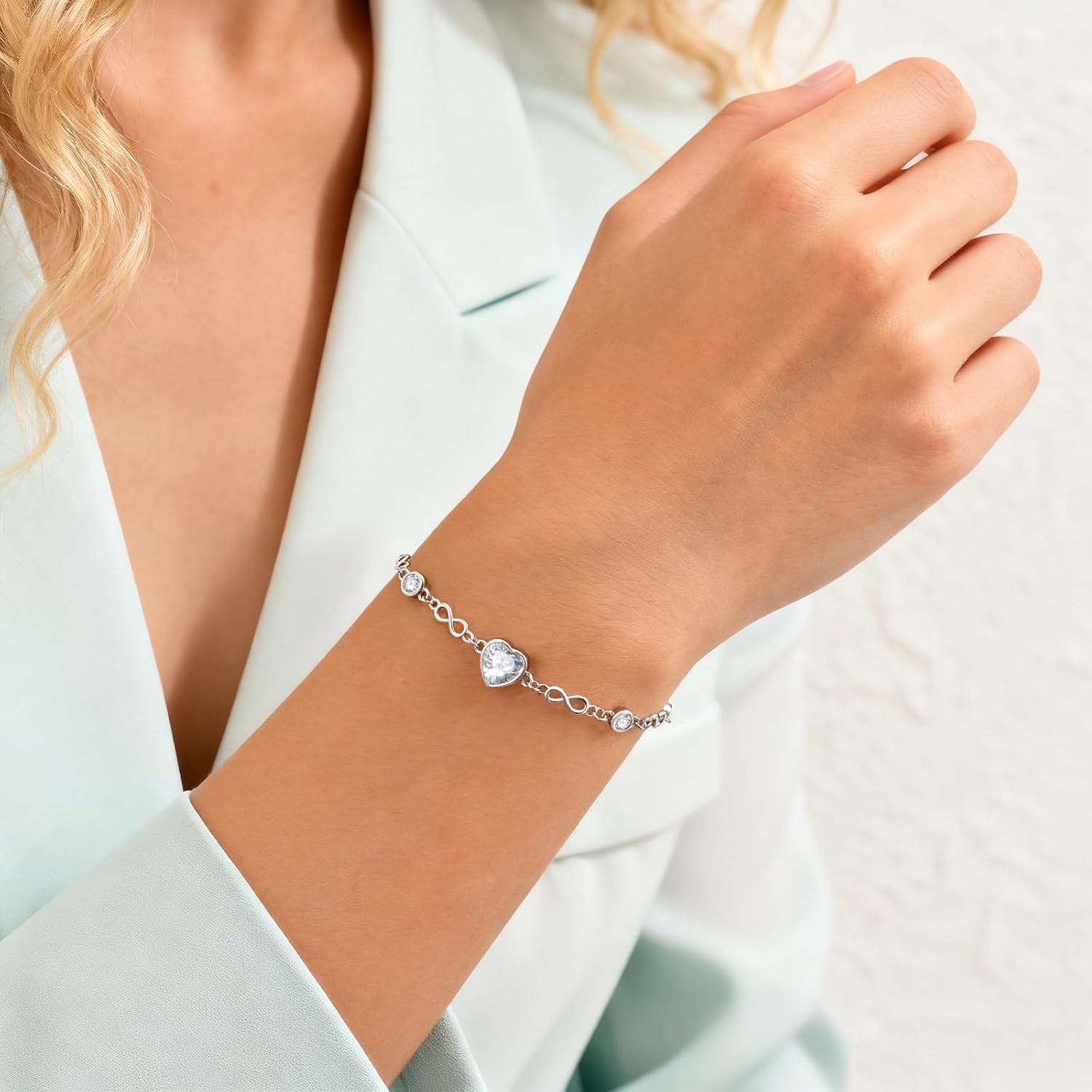 Infinity Heart Gemstone Bracelet for Women - 925 Sterling Silver Diamond Bracelets for Women Adjustable Link Chain Tennis Bracelets Charm Trendy Design Dainty Jewelry Gifts for Wife Girlfriend her - Image 2