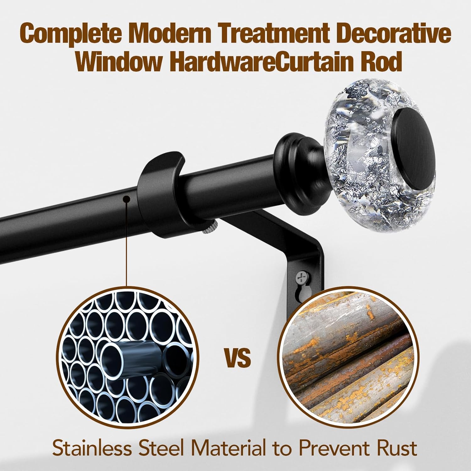 Black Curtain Rods for Windows 32-72 Inch: 1 Inch Adjustable Acrylic Drapery Rod with Translucent black Foil Finials- Single Decorative Curtain Rod for Bedroom & Bathroom…