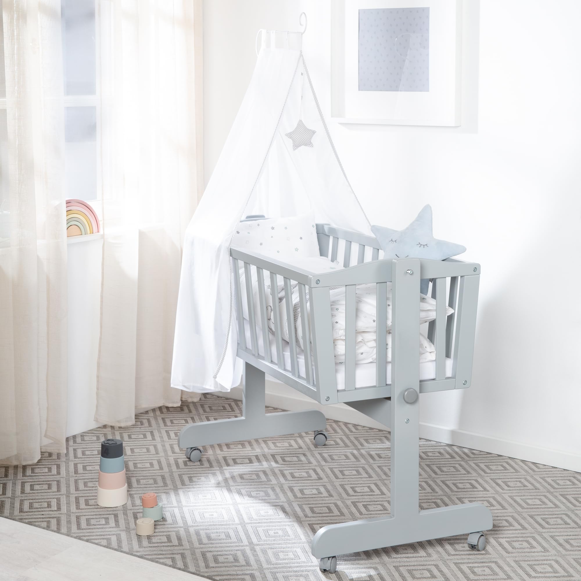 roba Set Culla per Neonati - Materasso 40 x 90 cm - Funzione Dondolo - Pulsante di Blocco - dalla Nascita ai 12 Mesi - Ruote con Freno - Legno Laccato Grigio
