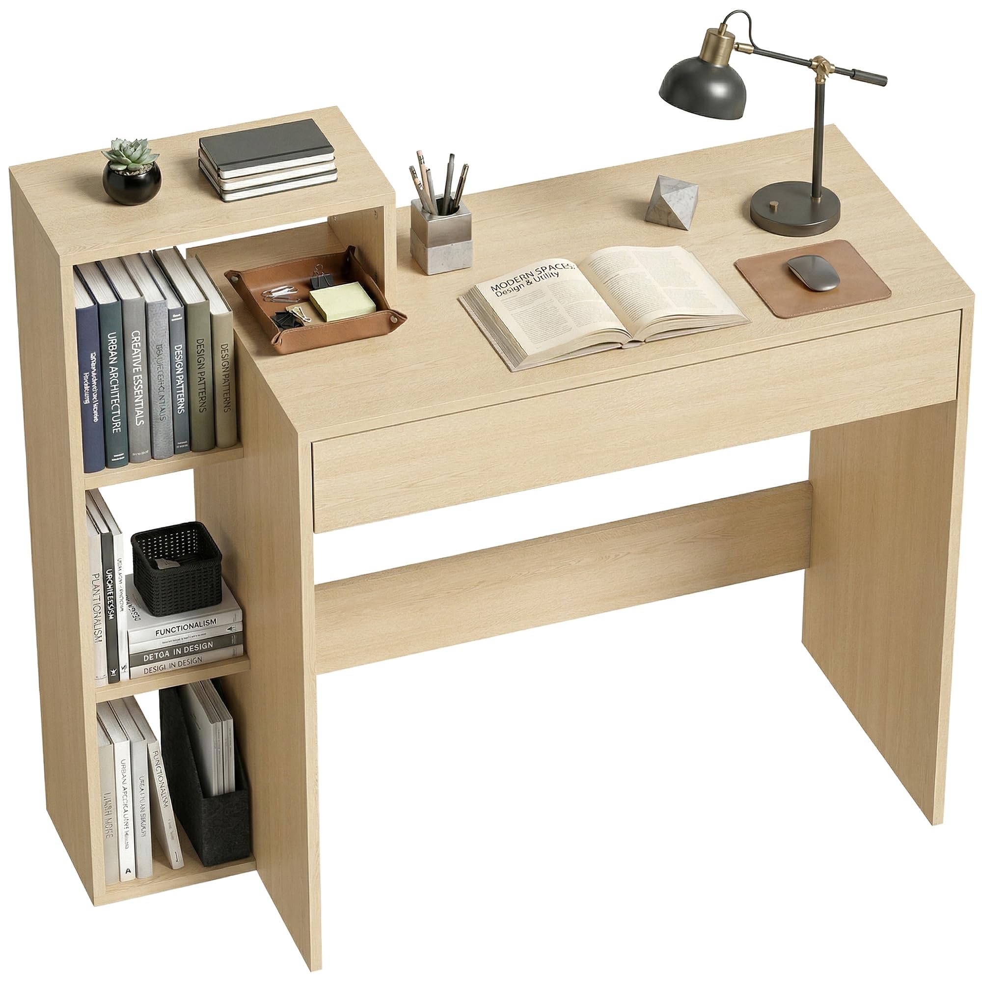 HOMCOM Bureau avec Rangement, Bureau d'ordinateur avec 3 étagères de Rangement et tiroir, Poste de Travail, Table d'ordinateur pour télétravail, Salon, 100 x 40 x 90 cm, Bois Naturel