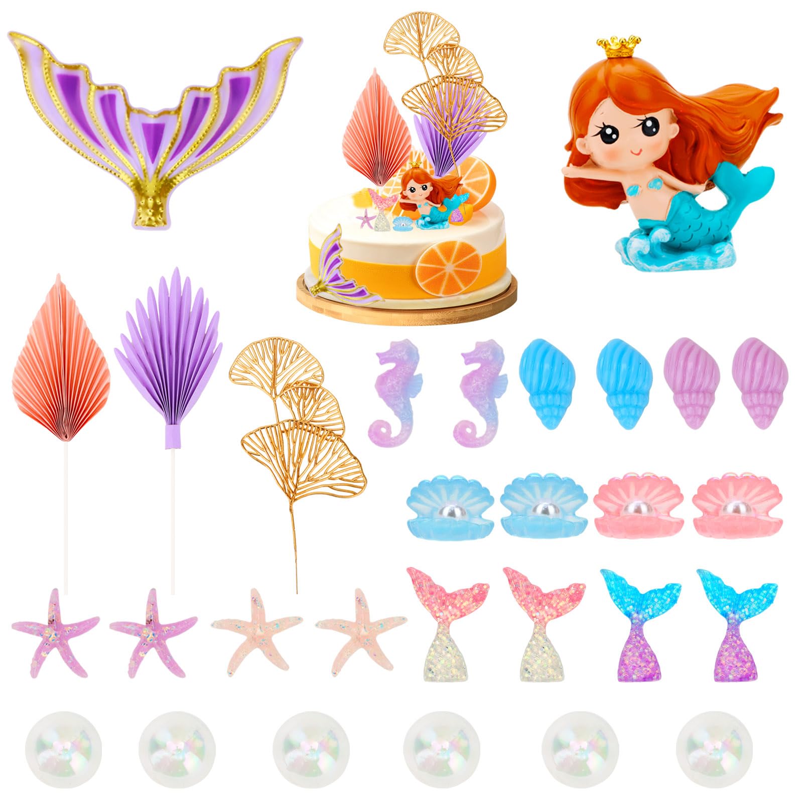 GAFATORY 29Pcs Little Mermaid HAPPY BIRTHDAY Cake Topper Set Ocean Mermaid Under the Sea Theme Party Decoration for Girls Kids Birthday Party Favor