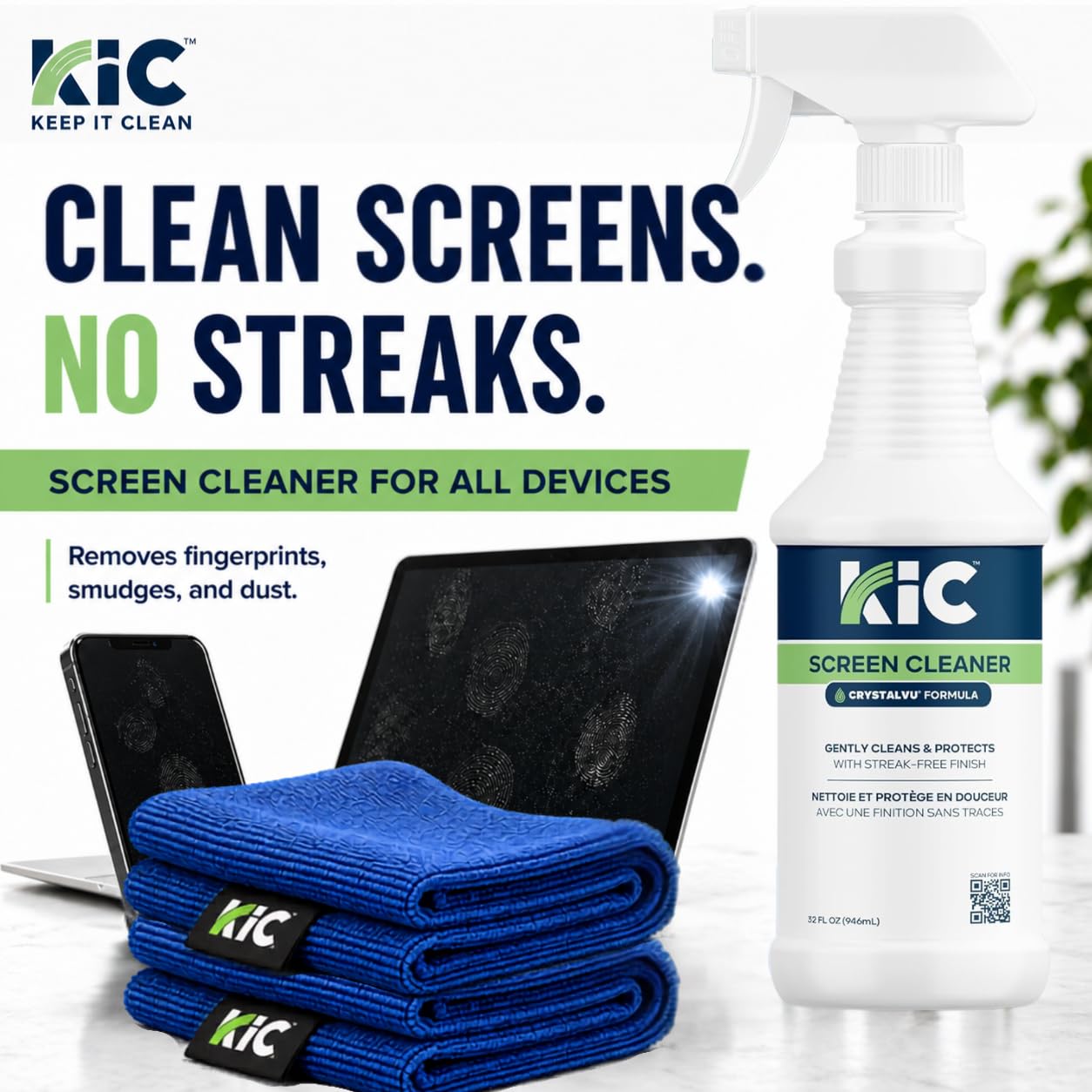 KICTeam Waffletechnology CrystalVu - Kit de limpiador de pantalla táctil, botella de spray de 32 onzas con 2 toallitas de microfibra para limpiar monitores y pantallas de computadora