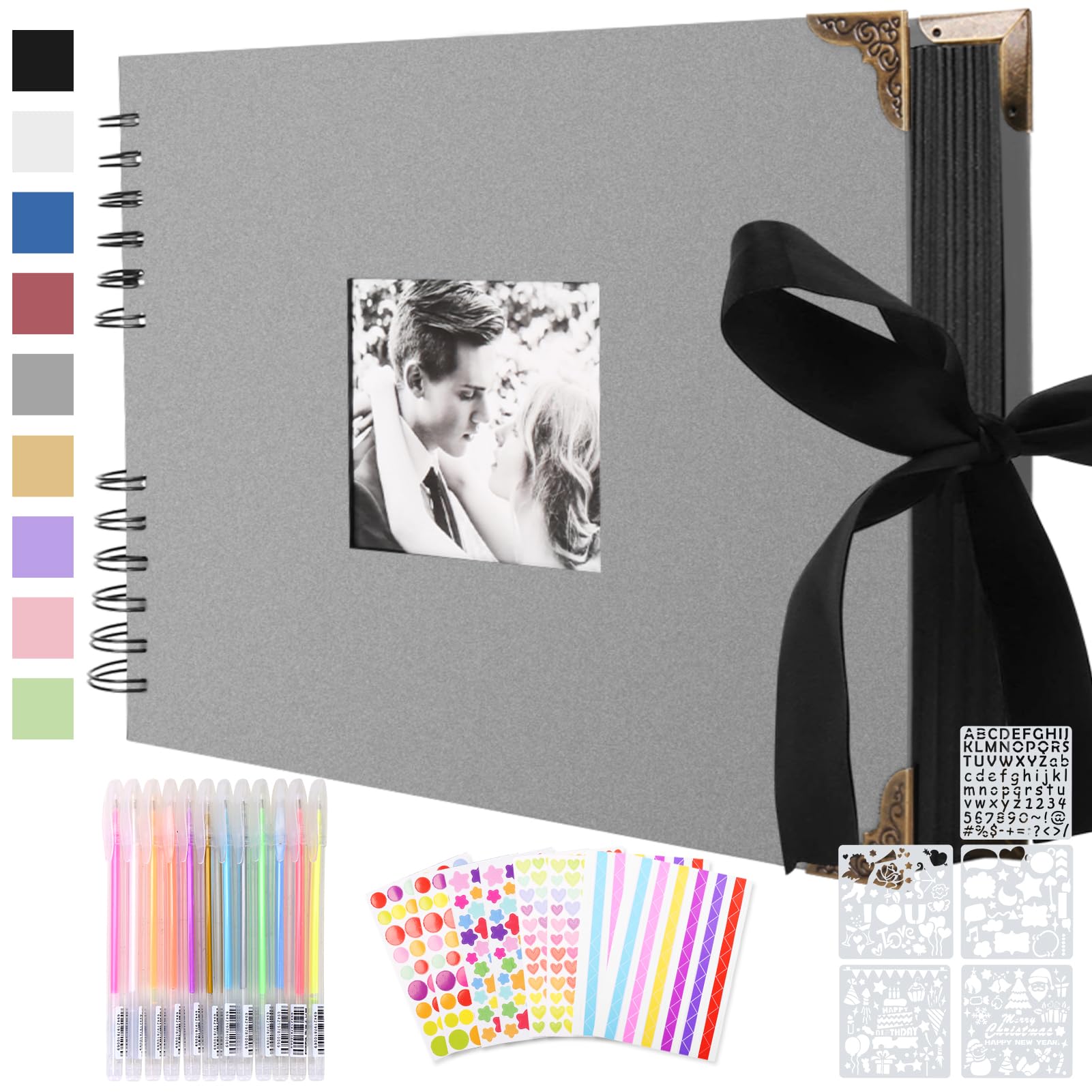 Fotoalbum zum Selbstgestalten, Scrapbook 80 Schwarze Seiten Fotobuch zum Einkleben,DIY Geschenk Scrapbooking Set für Baby Familie Jahrestag Geburtstags Valentinstag Hochzeit mit Protektkegeln Grau