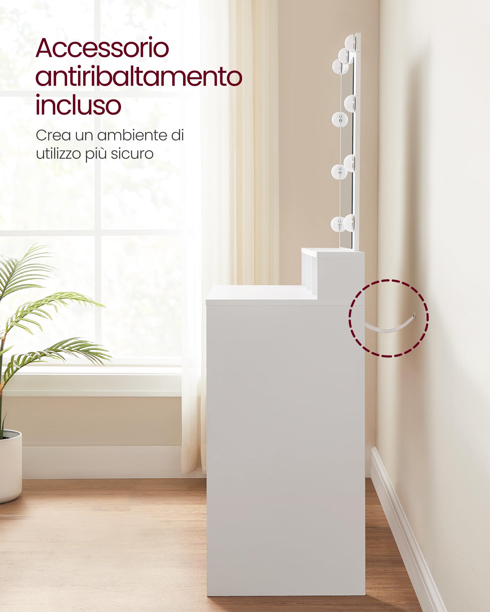 VASAGLE KAILYN Collezione - Toeletta, Luce LED Regolabile a 3 Colori, Tavolo da Trucco con Specchio, 2 Cassetti e 3 Scomparti, Postazione Trucco, Moderno, Bianco RDT114WB01