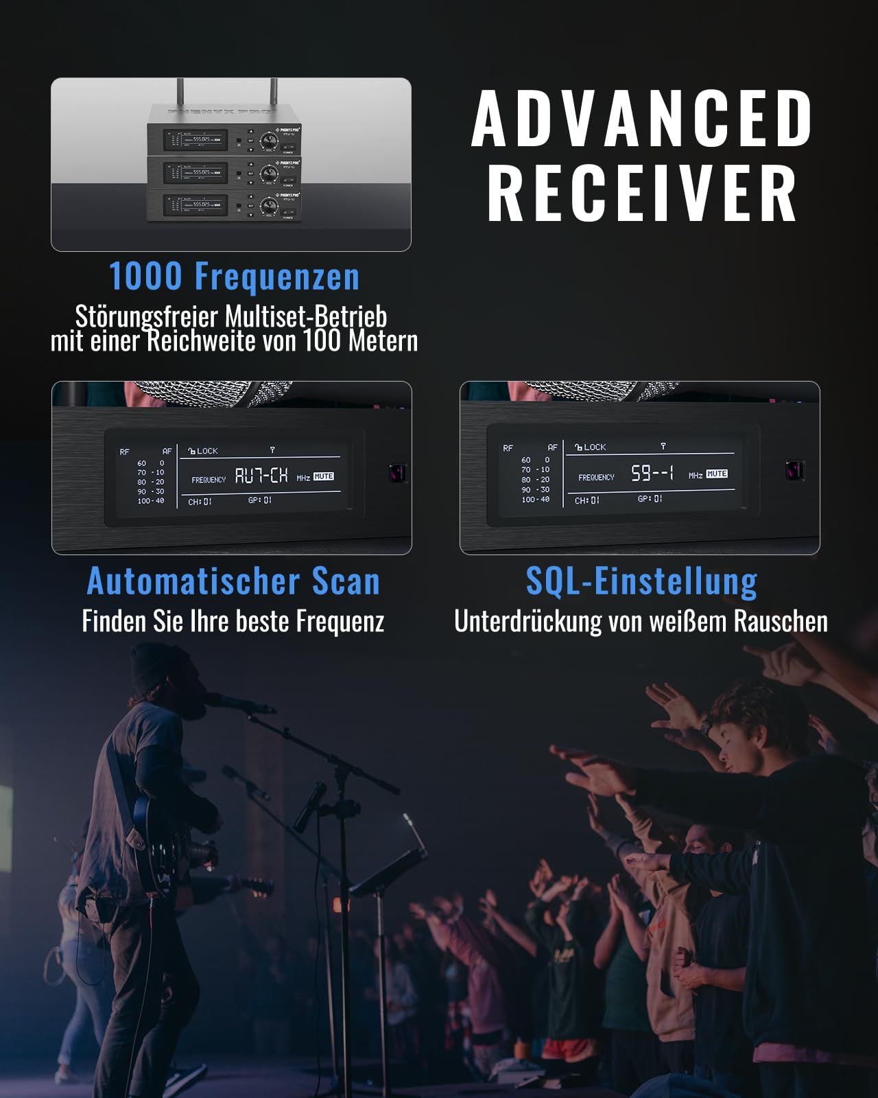 Phenyx Pro UHF True Diversity Funkmikrofon-System PTU-1U-1H | Auto-Scan, 1000 einstellbare Kanäle, 328 ft Reichweite, IR-Sync, Dynamisches Handmikro, Gesang, Bühnengesang, Studioaufnahme