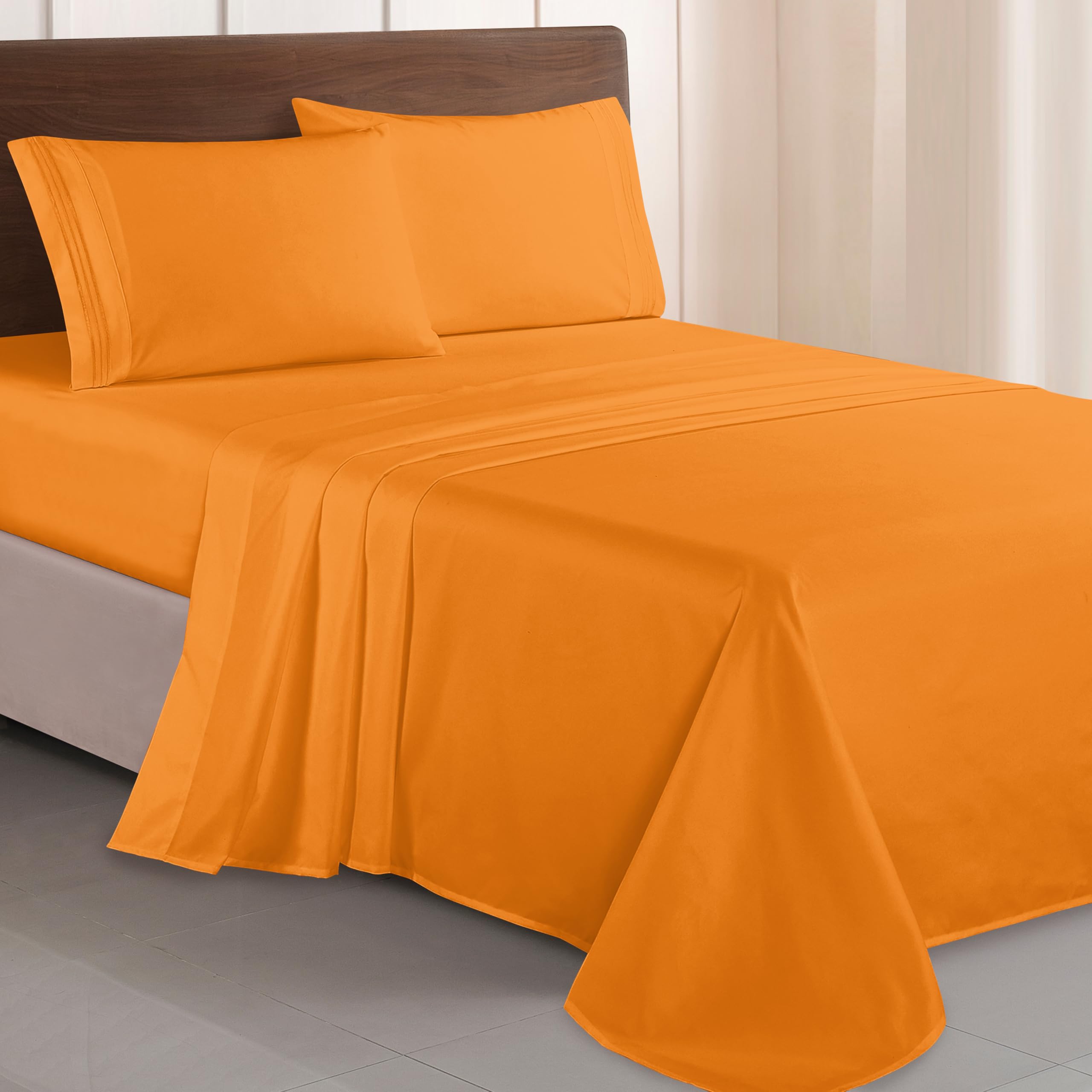 Elegant Comfort Luxurious 1500 Premium Hotel Quality Microfiber Three Line Embroidered Softest 4-Piece Bed Sheet Set, Wrinkle and Fade Resistant, Queen, Orange