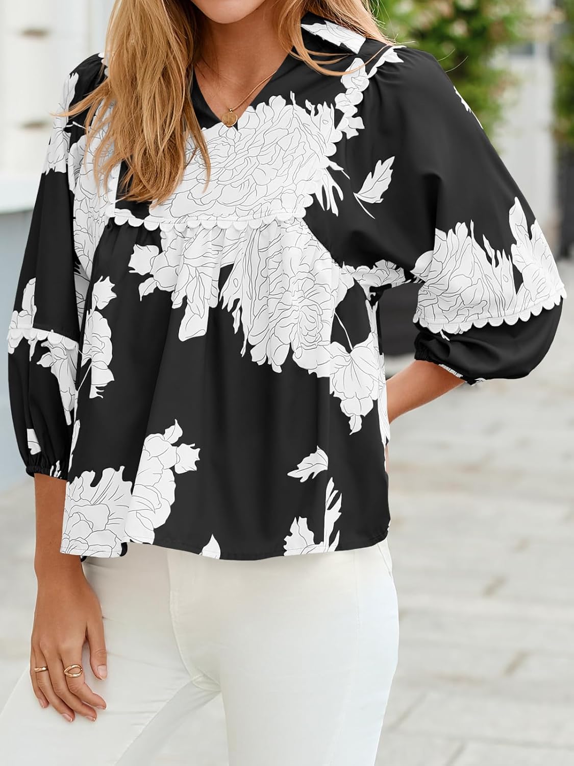 Tankaneo Womens Floral Peplum Babydoll Tops 3/4 Puff Sleeve Pleated Blouse Cute Casual V Neck Loose Fit Flowy Boho Shirts - Image 4