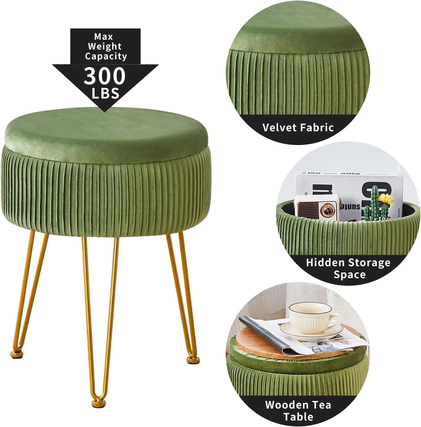 Cpintltr Velvet Foot Rest Stool Multipurpose Dressing Stools Upholstered Round Storage Ottoman Modern Soft Vanity Chair with Memory Foam Seat Green
