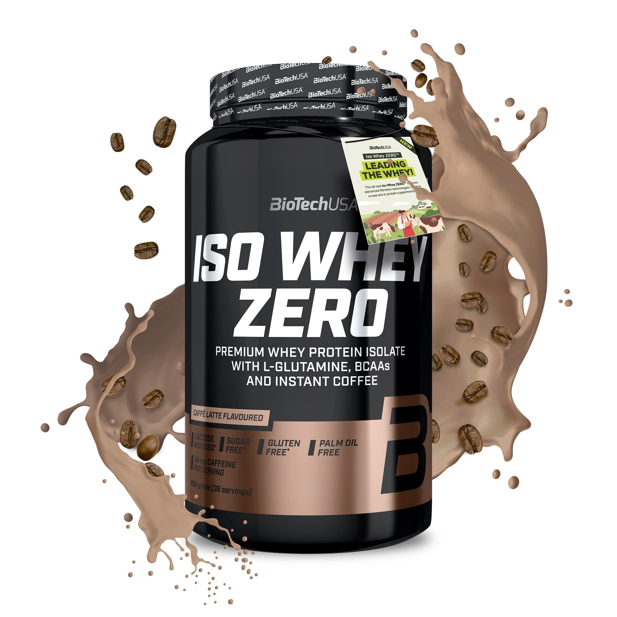 Iso Whey Zero | Premium Whey Protein Isolate | Grass-Fed | Enzyme-Free | Sugar- and Gluten-Free, 908 g, Caffé Latte