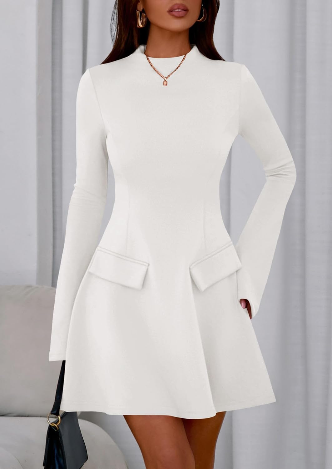 PRETTYGARDEN Women's Elegant Holiday Short Dress 2026 Fall Bell Long Sleeve Mock Neck Work Business Casual Party Mini Dress - Image 4