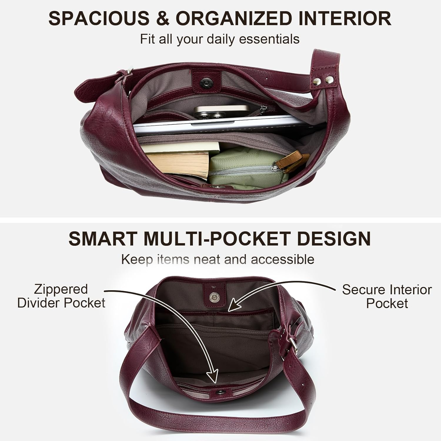 Hobo Bag for Women, Soft Vegan Leather Slouchy Shoulder Tote Purse with Matching Pouch, Adjustable Strap & Magnetic Closure - Image 7