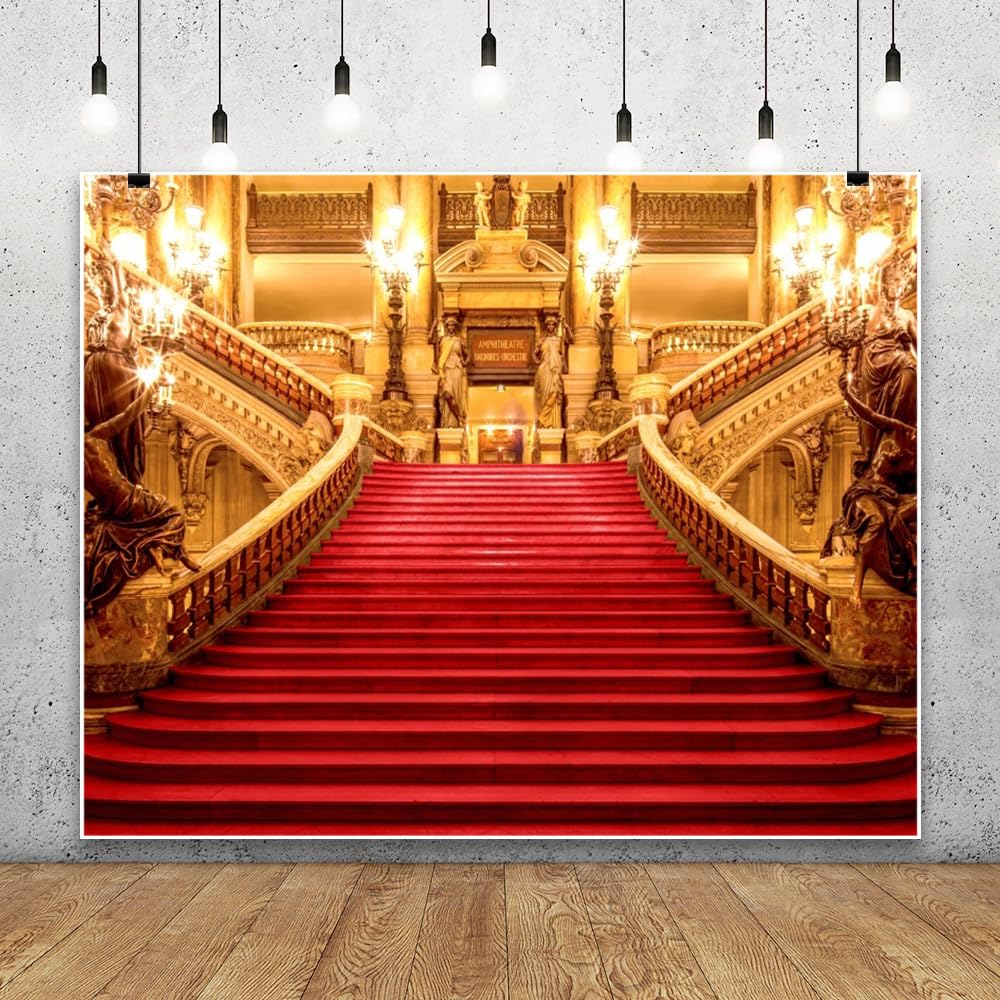 Golden Palace Fondale 3 x 2,4 m Tappeto Rosso Castello Elegante Fondale per Fotografia di Lusso Night Stage Prom Tappeto Rosso Scale Matrimonio Compleanno Cerimonia Festa Sfondo Photo Booth